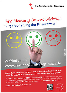 Zeigt Plakat der Aktion "Ihre Meinung ist uns wichtig!" Bürgerbefragung der Finanzämter