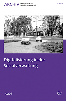 Cover der Fachpublikation Digitalisierung in der Sozialverwaltung. Ein graues Foto auf einem lila Hintergrund. 