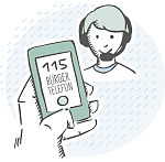 Symbolbild für das Bürgertelefon, zeigt die Zahl 115 auf dem Display eines Telefons und im Hintergrund eine Person mit einem Haedset auf dem Kopf