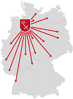 Umriss Deutschlands mit dem Symbol Bremer Schlüssel am Standort Bremen, von da laufen rote Pfeile durch ganz Deutschland
