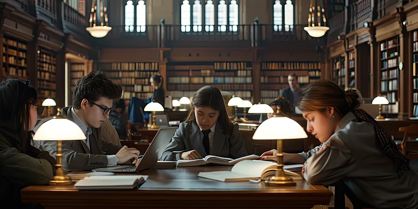 Student:innen sitzen an einem Tisch in einer Bilbliothek