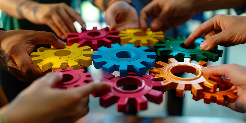 Verschiedene Hände halten im Kreis runde, bunte Zahnräder