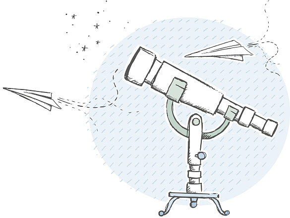 Eine Zeichnung eines Teleskops mit einem Papierflieger