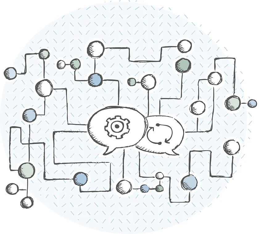 Symbolbild zu gestalten. Einzelne Linien verbunden durch unterschiedlich große Kugeln, die Knotenpunkte darstellen sollen
