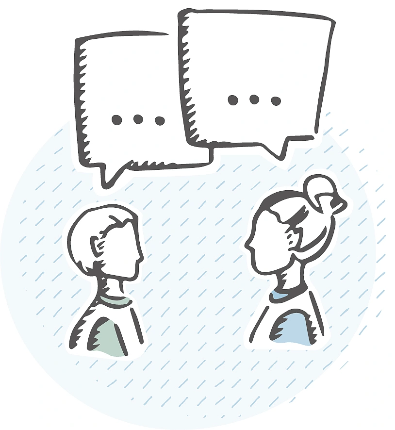 Eine Zeichnung von zwei Menschen, die sich Unterhalten. Dargestellt durch Sprechblasen