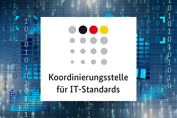 Logo Kosit auf blauem Grund: 16 Punkte über dem Begriff Koordinierungsstelle für IT-Standards, davon ist ein Punkt schwarz, einer rot und einer gelb, alle anderen sind grau