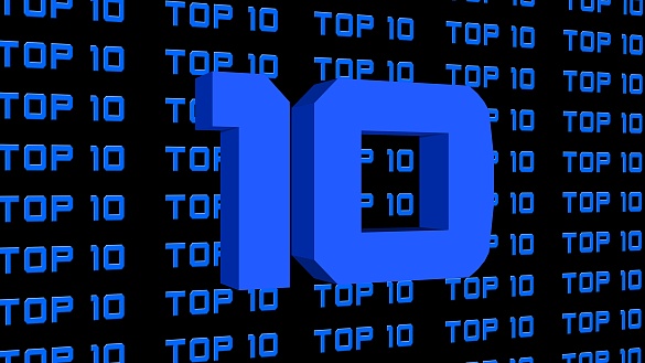 Die Zahl zehn in blauer Schritffarbe auf einem dunklen Hintergrund, auf dem in kleinerer Schrift mehrfach TOP 10 steht
