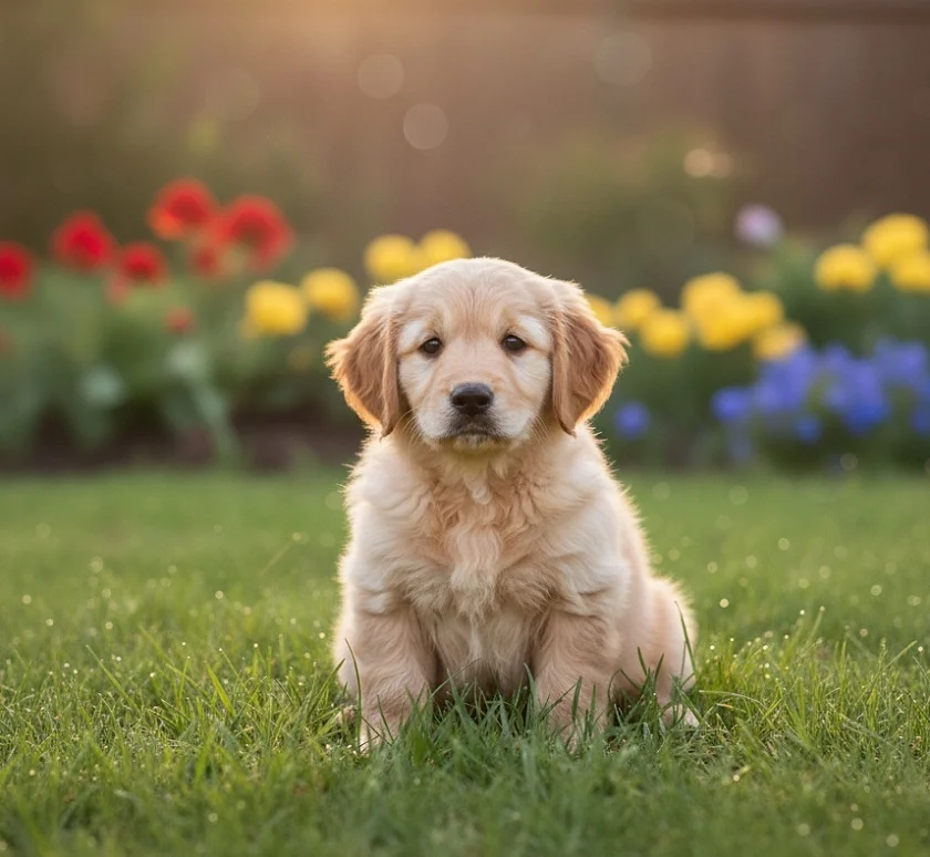 zeigt einen Welpen auf der Wiese