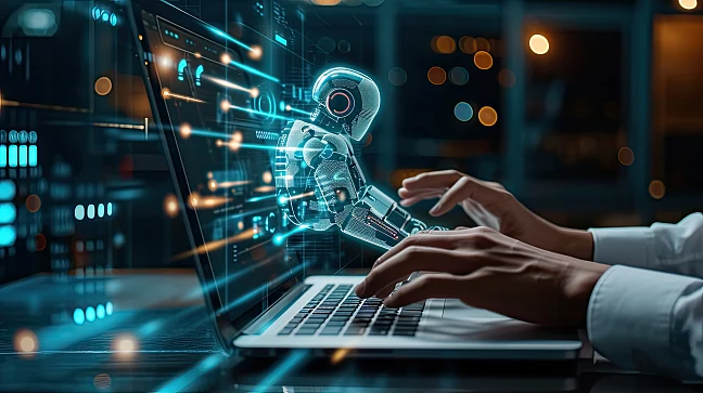 Aus einem Notebook-Monitor schaut ein stilisierter Roboter und tippt auf der Tastatur