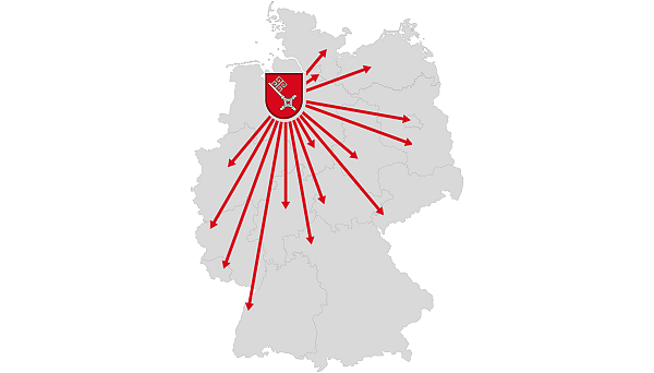 Die Form Deutschlands als graue Fläche, darauf das Bremer Schlüssel-Logo, von dem Pfeile nach ganz Deutschland ausgehen.