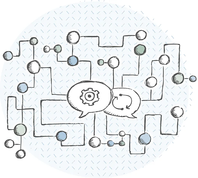 Ein Netzwerk aus unterschiedlich großen Kugeln, die durch labyrinthartige Linien verbunden sind. In der Mitte des Bildes ist eine Sprechblase mit einem Zahnrad und eine mit zwei Pfeillinien im Halbkreis, die zusammen einen Kreis bilden. 