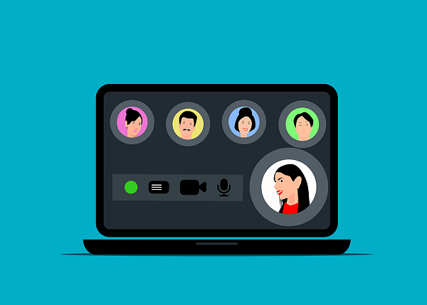 Illustration eines Bildschirm, auf dem Die Personen zu sehen sind, die an einer Videokonferenz teilnehmen