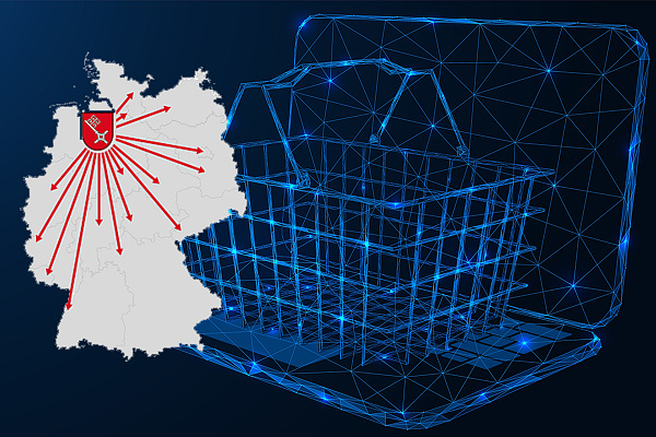 Im Vordergrund steht eine Deutschlandkarte, auf der rote Pfeile von Bremen aus in die anderen Bundesländer zeigen. Im Hintergrund eine stilisierte Illustration eines Notebooks, auf dem ein Einkaufskorb steht.
