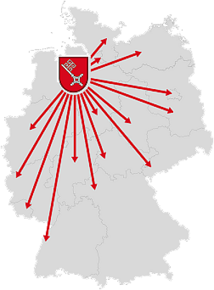 Umriss einer Deutschlandkarte, von Bremen aus zeigen rote Pfeile in die anderen Bundeländer
