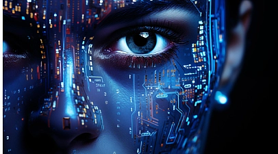 Ein Teil eines blau gefärbten Gesichtes verzeirt mit Symbolen aus der IT