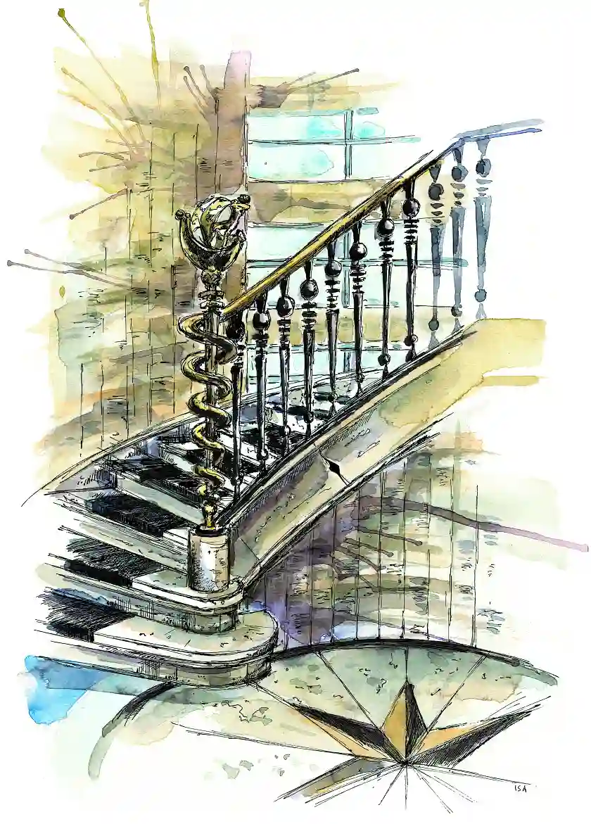 Rundtreppenhaus - Skulptur am Treppenanfang