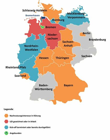 Die Deutschlandkarte zeigt durch farbige Markierungen der einzelnen Bundesländer den Status der Mitnutzungsallianz