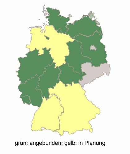Deutschlandkarte mit grün markierten Bundesländer, die an Unterhaltsvorschuss Online angebunden sind